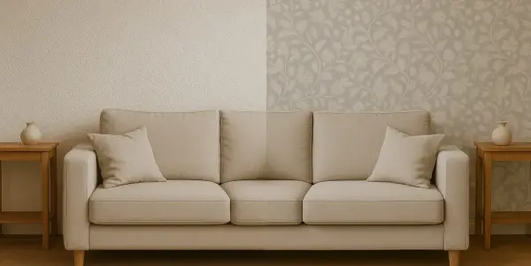 Sofá beige frente a pared dividida: a la izquierda, textura rugosa; a la derecha, se puede poner papel pintado sobre gotelé con diseño floral.