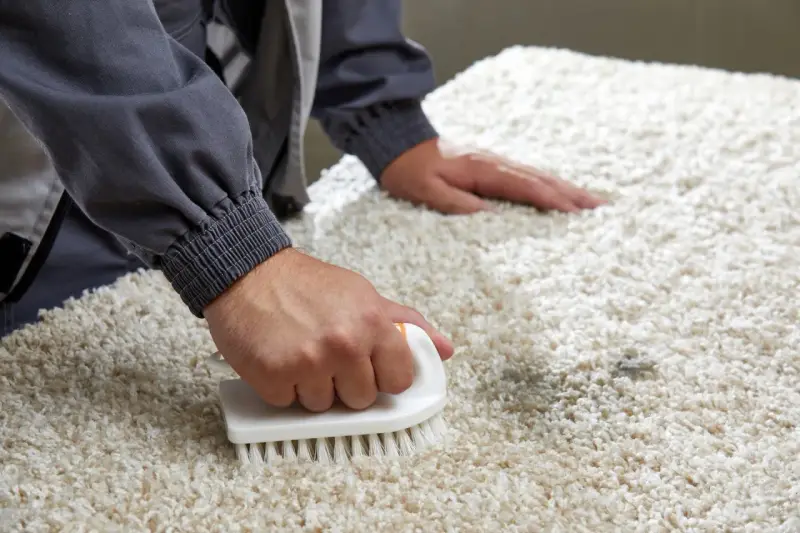 Persona usa un cepillo para limpiar alfombra con bicarbonato, eliminando manchas y malos olores.